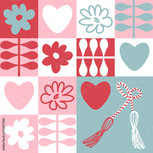 Martisor traditional accessory early spring vector checkered seamless pattern. Print for paper, textile and fabric. Perfect surface design.
