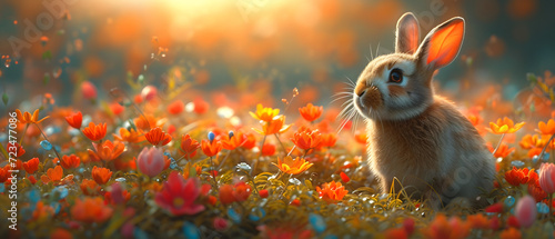 Rabbit Sitting in a Field of Flowers © Daniel