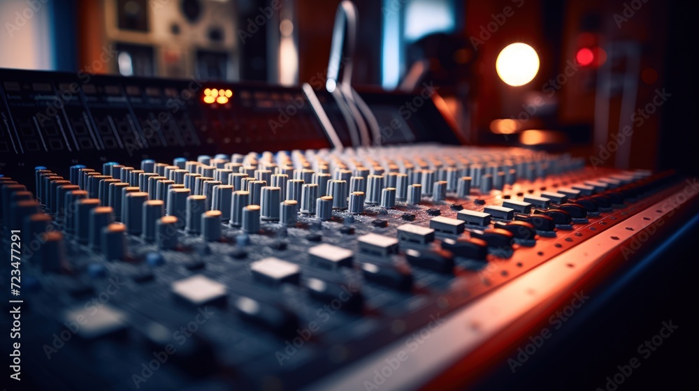Professional mixer of a soundboard in a recording studio. Generate AI image - obrazy, fototapety, plakaty 