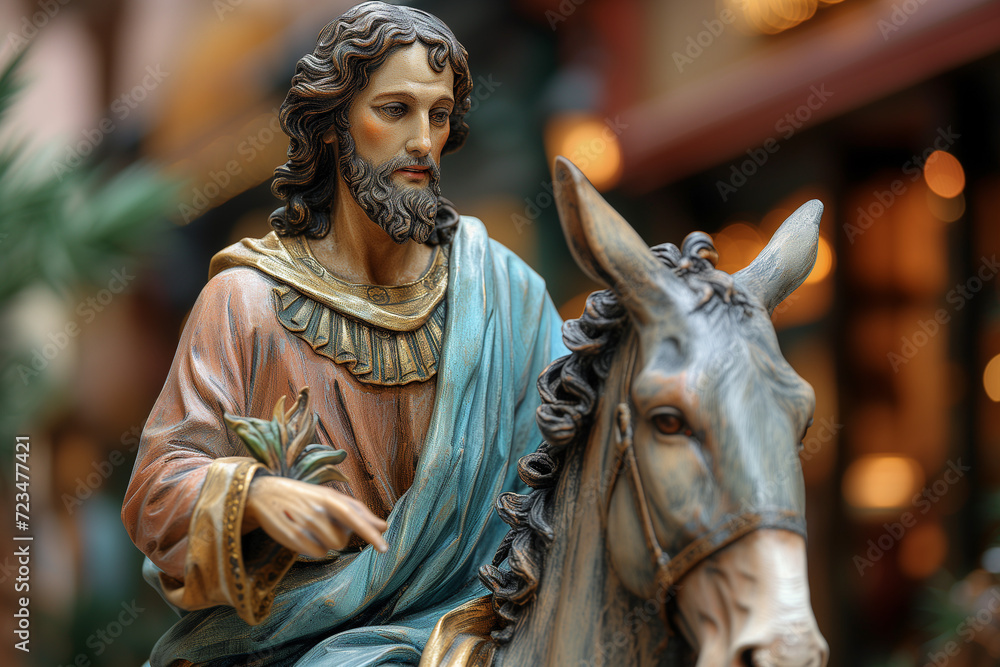 Figure of Jesus of Nazareth riding a donkey in the arrival to Jerusalem on Palm Sunday of Holy Week for processions, Ancient and colorful in the city