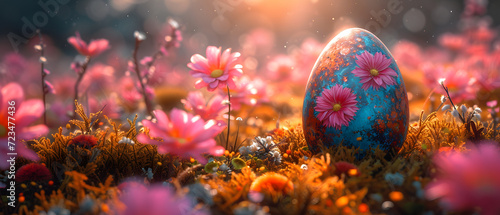Painted Easter Egg in a Field of Flowers