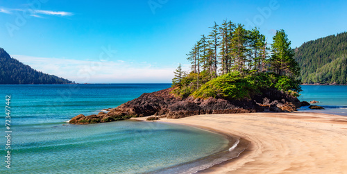 Canadian Nature Landscape on the West Coast of Pacific Ocean. Sandy Beach. Background Panorama. photo