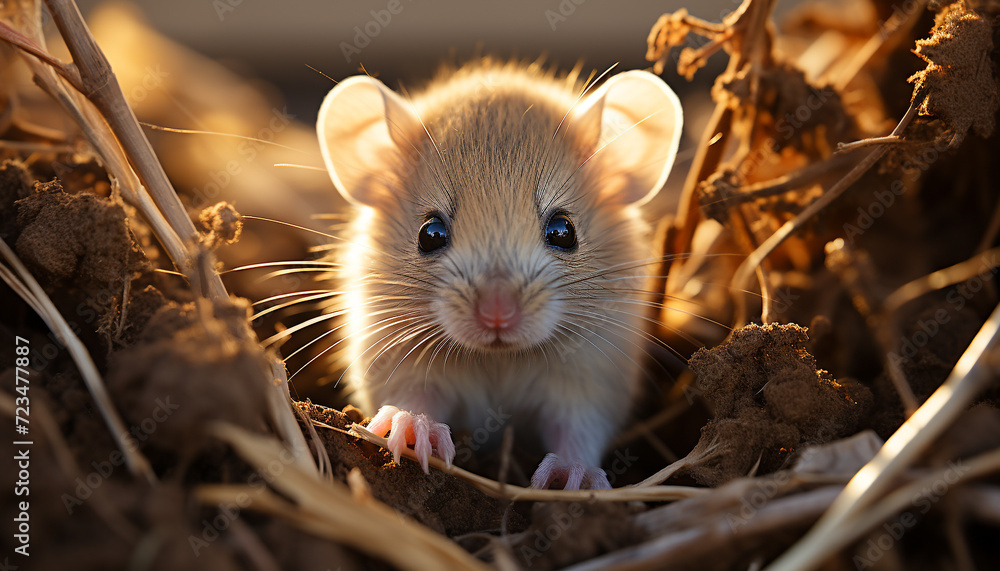 Cute small mammal sitting on branch, fluffy fur, alertness generated by AI Cute small mammal sitting on branch, fluffy fur, alertness generated by AI