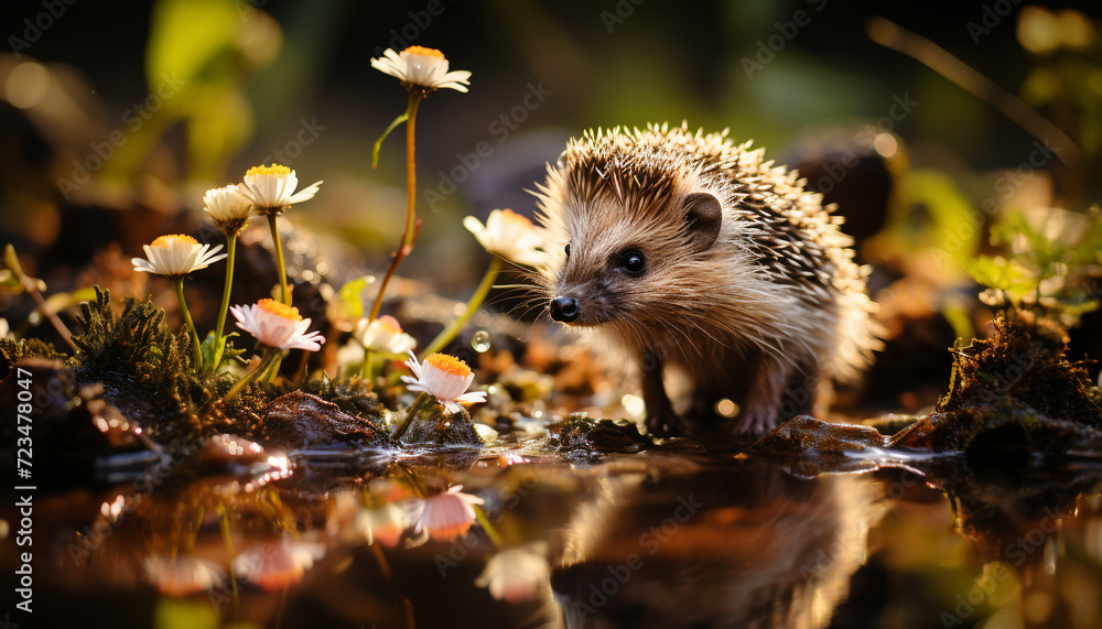 Naklejka premium Cute hedgehog in the wild, surrounded by green grass generated by AI