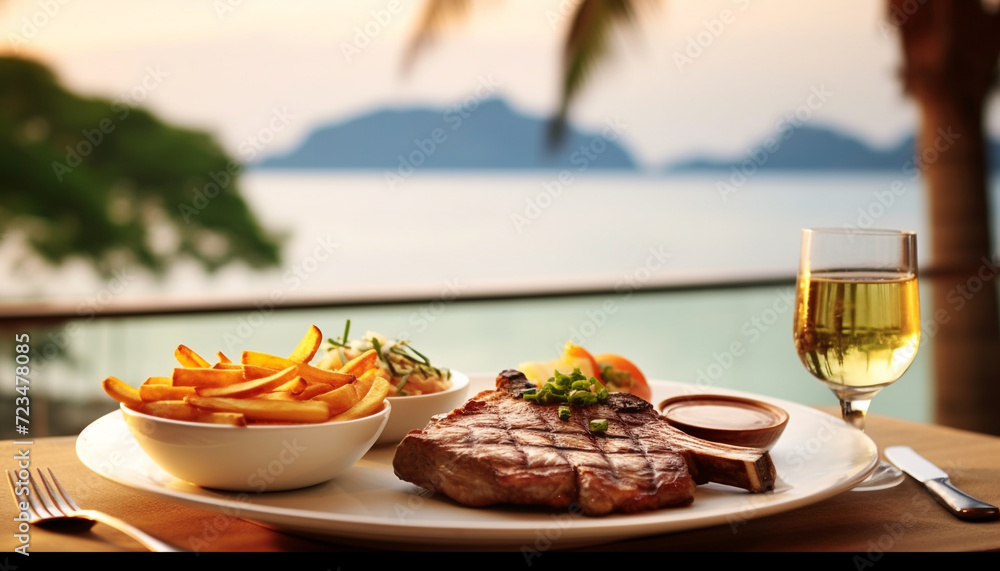 Grilled steak, wine, and nature create a luxurious outdoor meal generated by AI Grilled steak, wine, and nature create a luxurious outdoor meal generated by AI