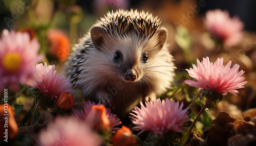 Cute hedgehog sitting outdoors, looking at camera with fluffy fur generated by AI
