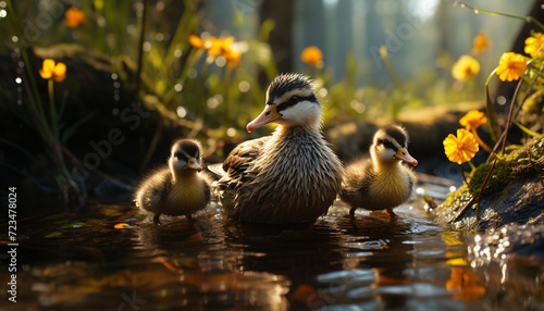 Cute duckling with fluffy yellow feathers enjoys the tranquil pond generated by AI