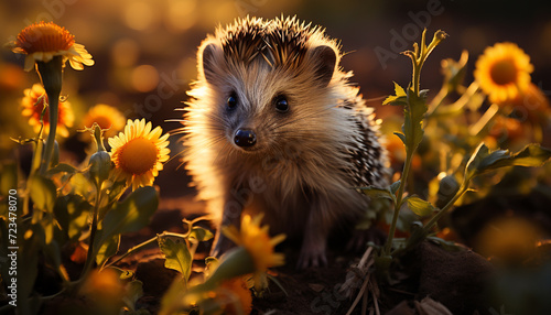 Cute hedgehog sitting in grass, alert and looking at flower generated by AI