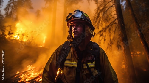 Firefighter man in the middle of fire putting out a forest fire. Forest fire and firefighter