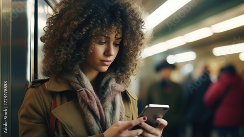 Woman with afro watching her phone in the subway