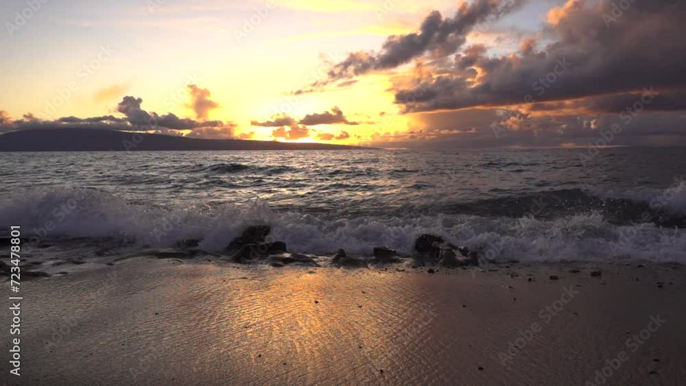 Sunset Super Slow Motion Waves Crashing on Tropical Beach Sand