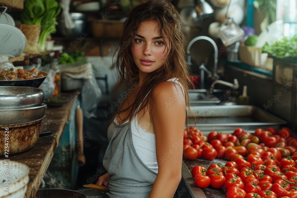 A local woman stands proudly in her kitchen, surrounded by an abundance of fresh, whole foods, including vibrant tomatoes, reflecting her love for natural produce and sustainable living