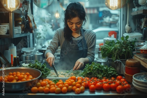 A passionate woman in a vibrant kitchen, surrounded by colorful produce and natural ingredients, prepares a nourishing meal using locally sourced whole foods from a nearby greengrocer's market