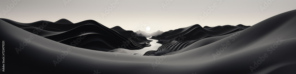 futuristic black-and-white landscape with mountains