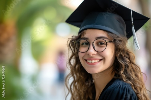Portrait of young woman wearing graduation hat smiling in the campus