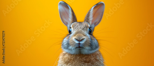 Close Up of Rabbits Face With Yellow Background photo