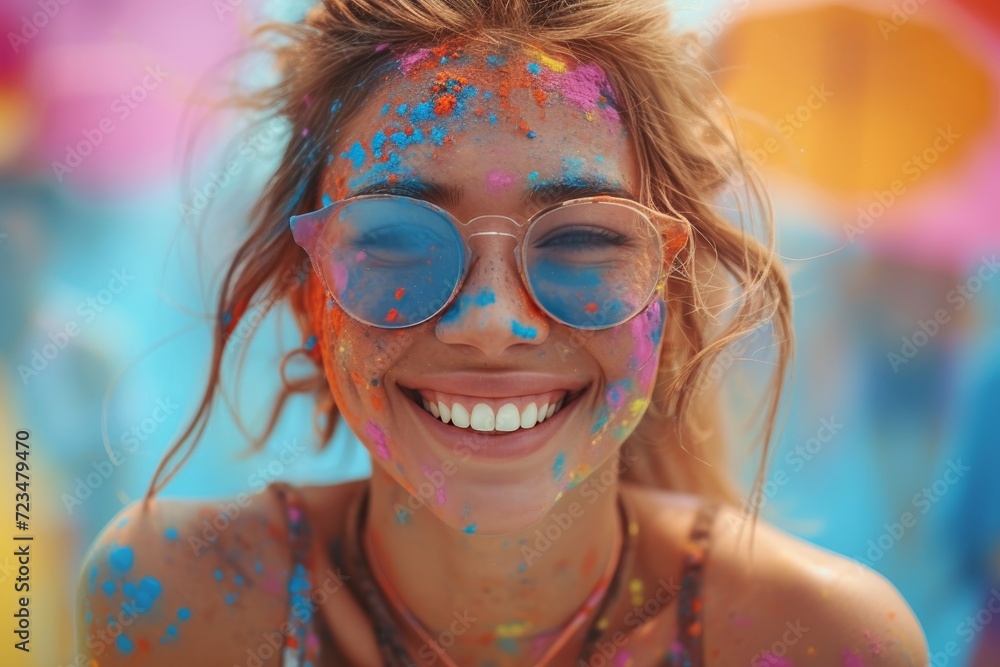 A summer portrait of a stylish woman wearing goggles and a smile, with paint on her face and a fashionable pair of glasses as she enjoys the outdoors A summer portrait of a stylish woman wearing goggles and a smile, with paint on her face and a fashionable pair of glasses as she enjoys the outdoors