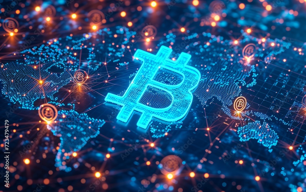 Bitcoin Symbol on Digital Network