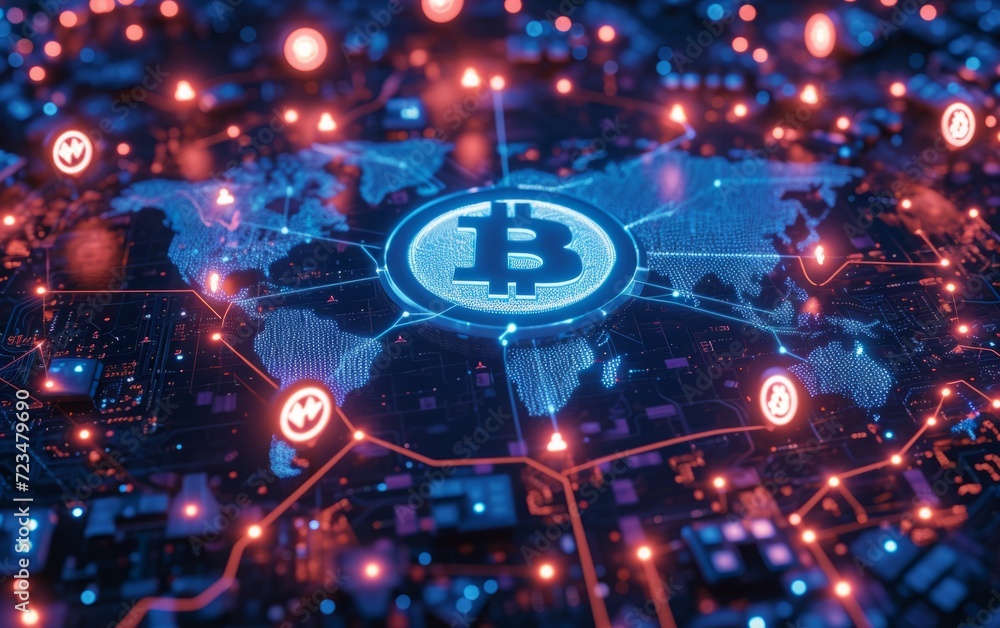 Bitcoin Symbol on Digital Network Bitcoin Symbol on Digital Network