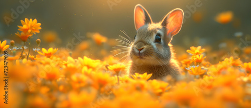 Rabbit Sitting in a Field of Yellow Flowers © Daniel