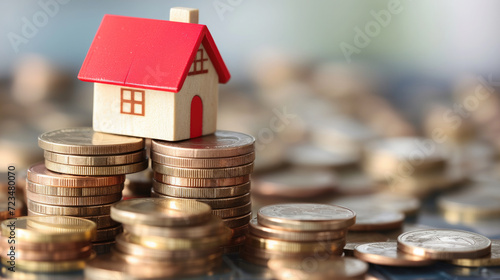 Miniature wooden model house on stacked coins. Mortgage, loan, buying a house or apartment, affordable housing, real estate, renting a home concept