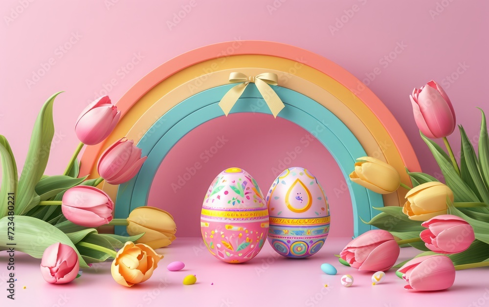 3D Colorful Easter Setup with Rainbow