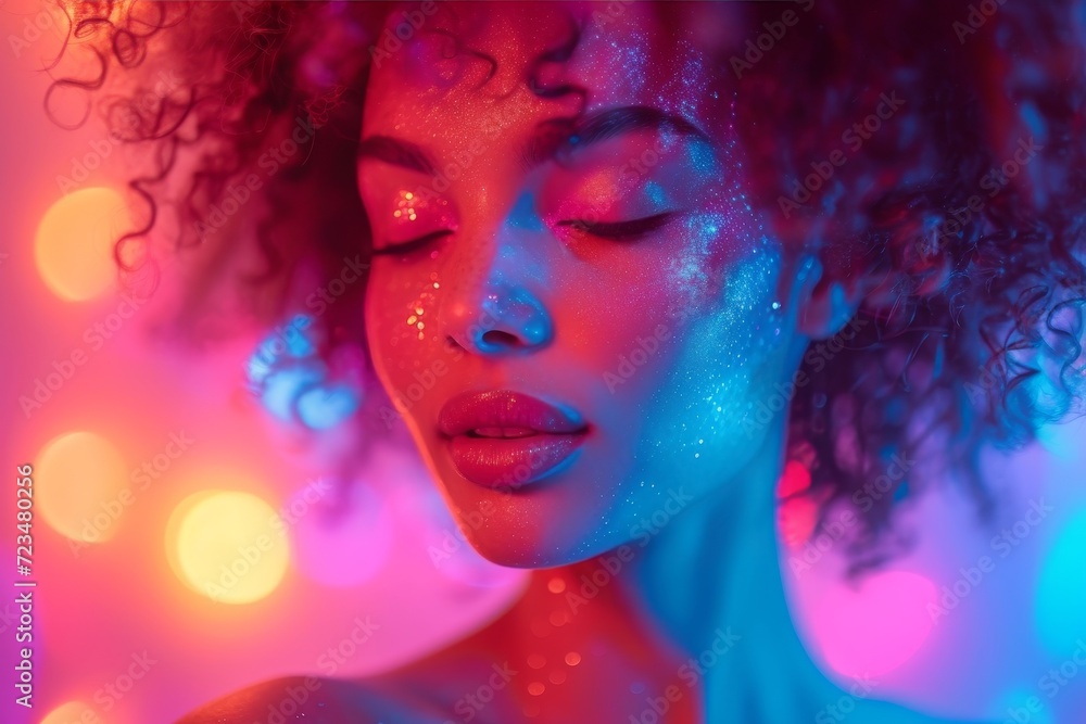 A mesmerizing portrait of a woman adorned with sparkling glitter on her face, evoking a sense of feminine allure and artistic expression A mesmerizing portrait of a woman adorned with sparkling glitter on her face, evoking a sense of feminine allure and artistic expression