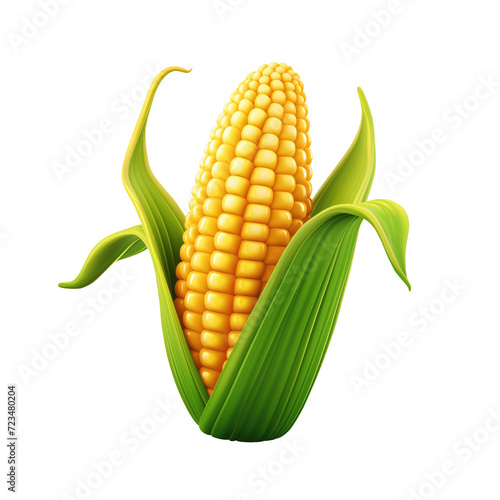 3d corn on the cob, green leaves isolated on transparent background