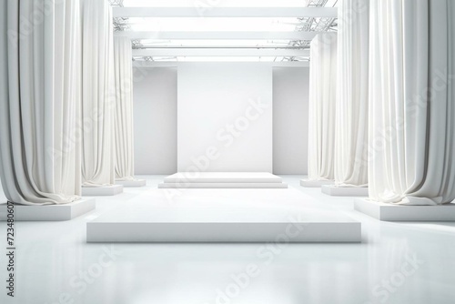 Minimalistic fashion runway with an empty white podium for showcasing elegance and style. Generative AI