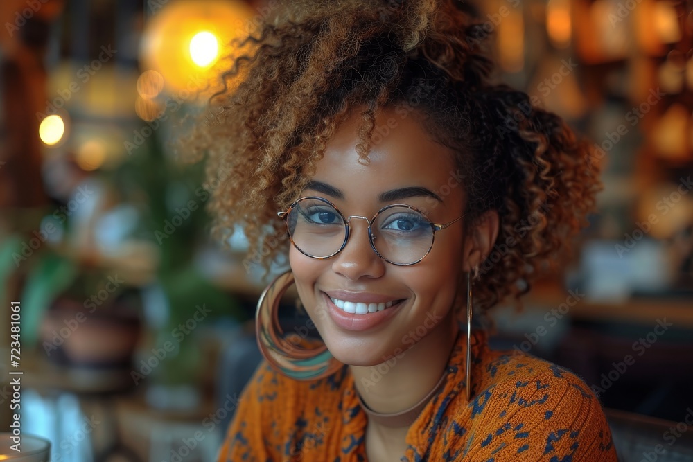 A stylish woman exudes confidence and charm as she flashes a bright smile while donning glasses, showcasing her curly locks and trendy attire in a captivating indoor portrait A stylish woman exudes confidence and charm as she flashes a bright smile while donning glasses, showcasing her curly locks and trendy attire in a captivating indoor portrait