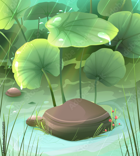 Pond or swamp rainy landscape environment. Lilly pods grass plants and stones in water with sunbeam. Rainy scenery, fairytale lake wallpaper. Swamp nature landscape background vector illustration. photo