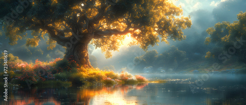 Majestic Painting of a Tree Standing in the Middle of a Lake