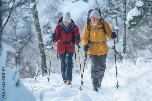 Senior Couple With Nordic Walking Poles Walking Together in the Snow