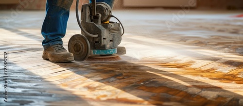 Skilled carpenter using floor sander on wooden parquet floor in new house.