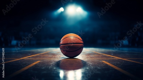 A basketball lies in the spotlight on the center court with a dramatic dark background.