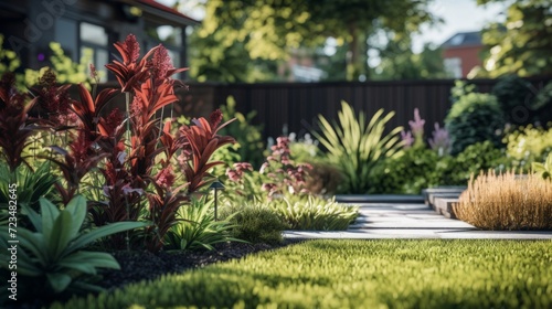 Fototapeta Naklejka Na Ścianę i Meble -  A beautifully landscaped garden pathway lined with vibrant red flowers and lush greenery.