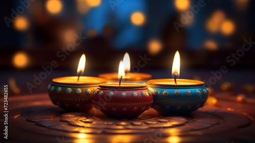 Illuminated Diwali clay lamps with warm bokeh lights in a festive setting.