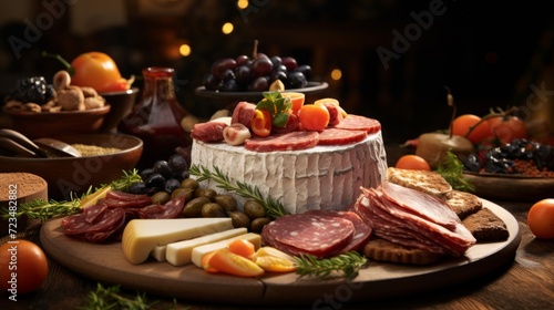 A rustic charcuterie board featuring a variety of cheeses  meats  and fresh fruits  elegantly arranged.