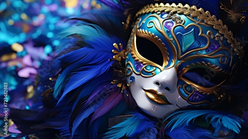 Elegant Venetian mask adorned with blue feathers and gold trim, embodying the spirit of the carnival.