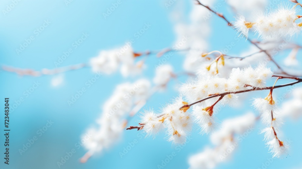 Close-up of white spring blossoms on branches with a soft focus on a clear blue sky background.