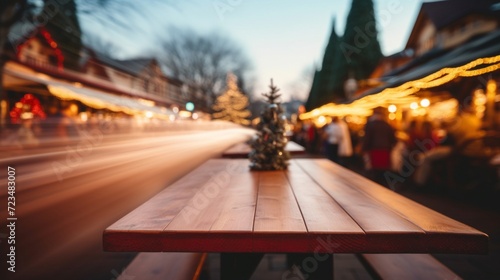 A blurred view of a lively Christmas market, with a clear focus on an empty table in the foreground.