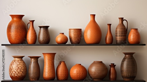 Modern shelf displaying a variety of textured pottery vases in warm earthy tones against a neutral backdrop.