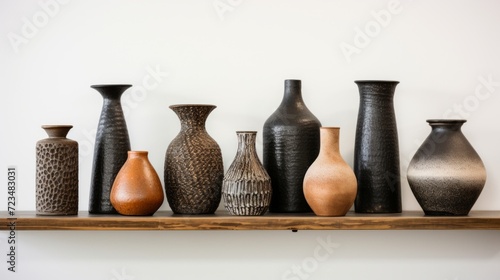 A collection of unique ceramic vases with various textures on a wooden shelf against a white background.