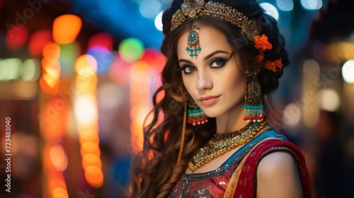 Portrait of a young woman adorned in vibrant traditional Indian clothing and jewelry with a bokeh light background.