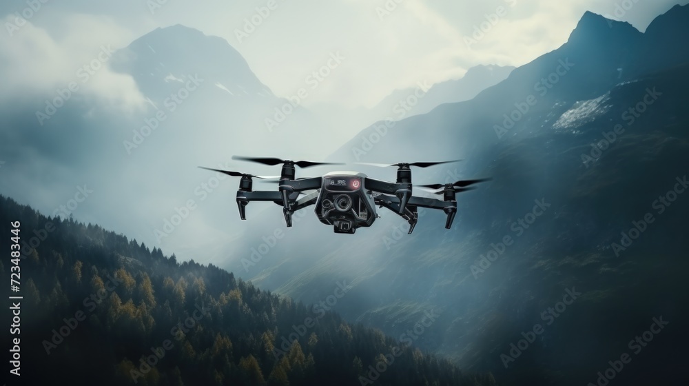 Drone flies over the mountains. Generate AI image Drone flies over the mountains. Generate AI image
