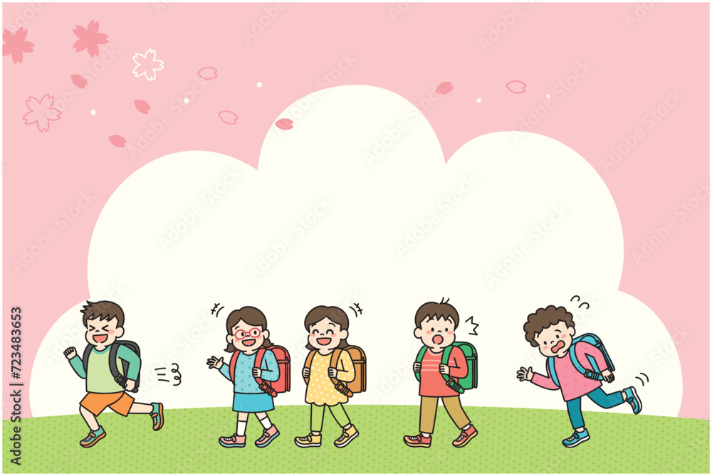 桜の下を楽しそうに通学する小学生の背景素材