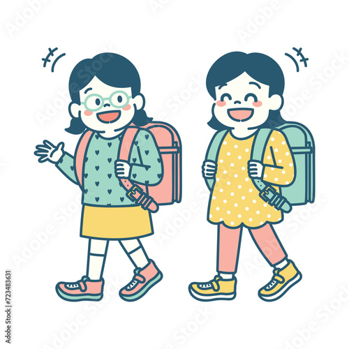 ランドセルを背負ってお喋りしながら通学する小学生のイラスト　シンプル