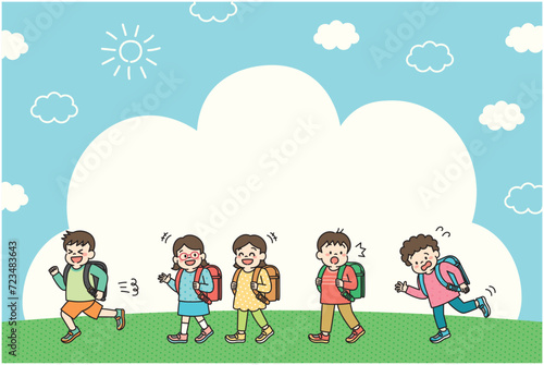 青空の下を楽しそうに通学する小学生の背景素材