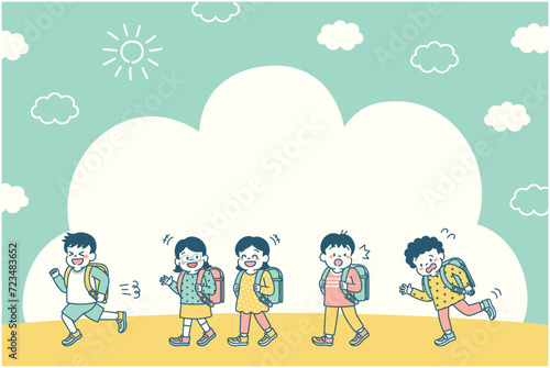 青空の下を楽しそうに通学する小学生の背景素材　シンプル