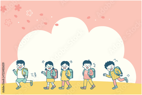 桜の下を楽しそうに通学する小学生の背景素材　シンプル